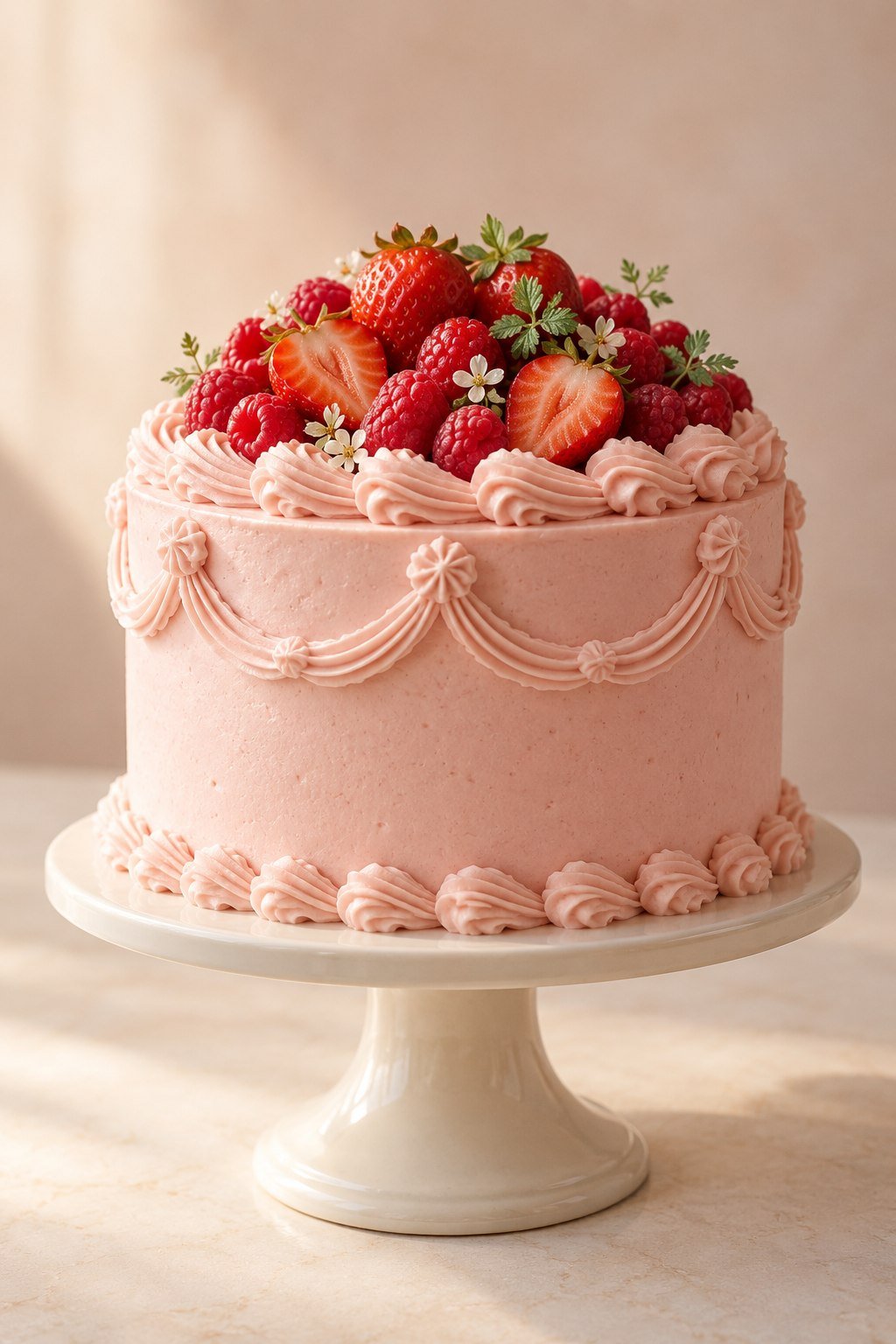 Illustrative pink buttercream cake topped with berries