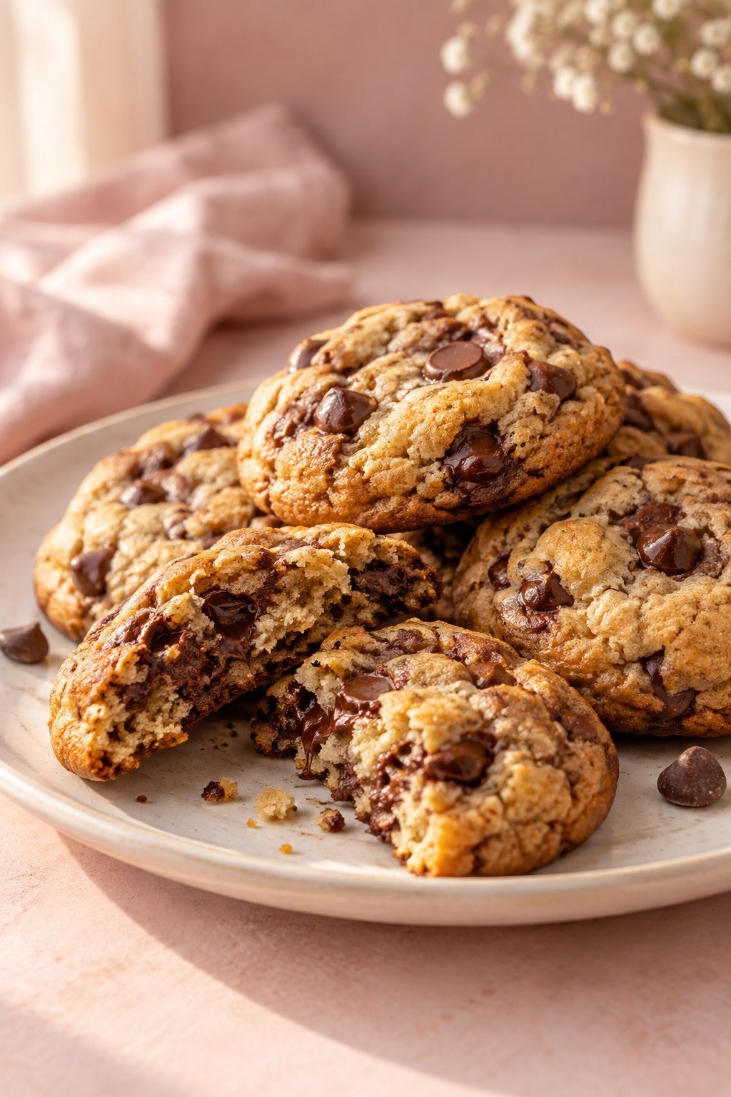 Illustrative chocolate chip cookies on a plate